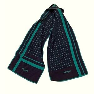 Vintage Rochas Paris Oblong Navy Blue & Green Silk Print Scarf